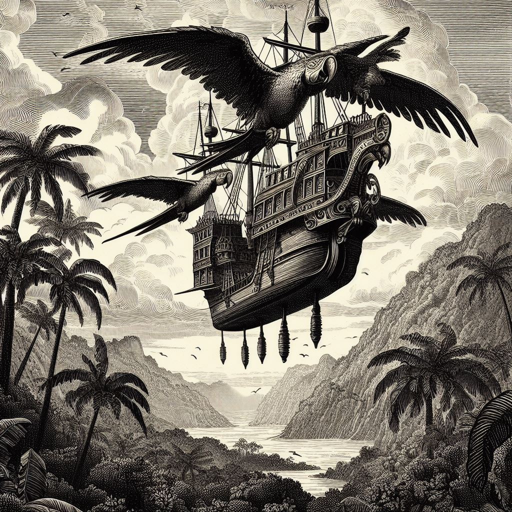 Papageien und Piratenschiff