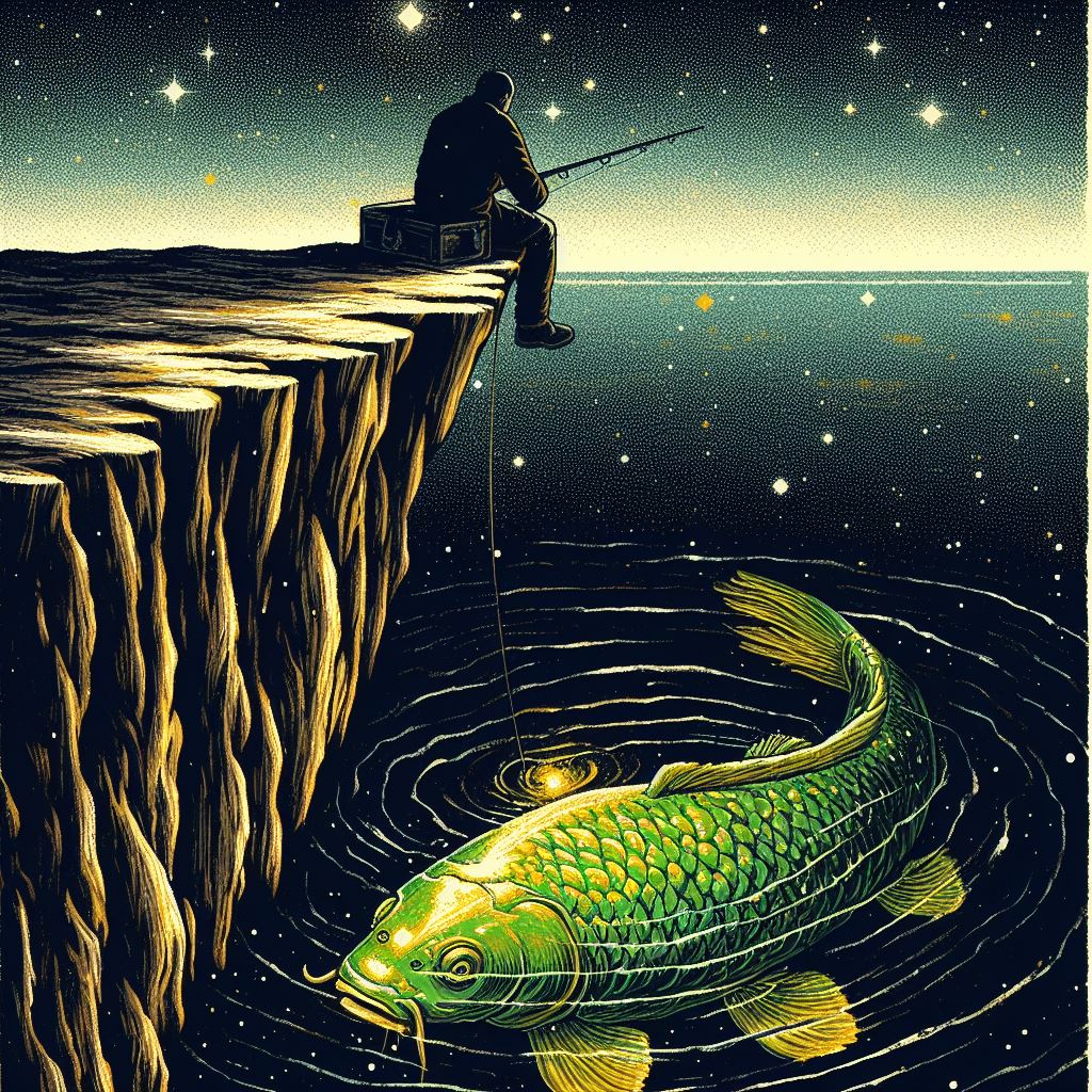 Angler und großer Fisch